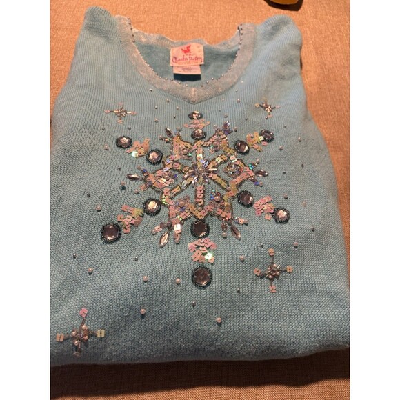 Quacker Factory Sweater Womens Large Blue Sequin Snowflake Holiday Christmas - Picture 2 of 7